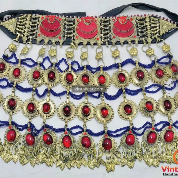 Red Choker Necklace, Vintage Layered Oversized Necklace With Red Glass Stones, - Picture 7 of 10